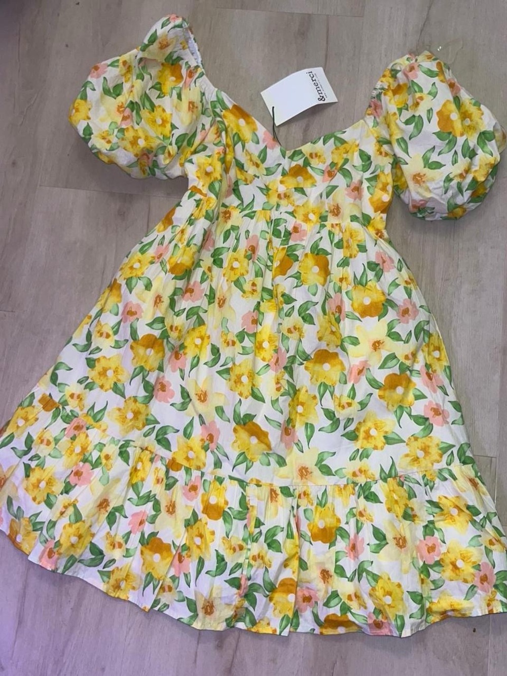 Floral Puff-Sleeve Yellow & White Summer Dress